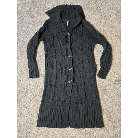 Free People Cappuccino Cardi Cardigan Longline sweater Black size Medium Toggle - Picture 1 of 8